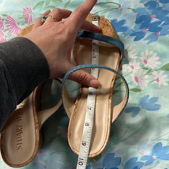 Stuart Weitzman Denim Strap Square Toe Sandals Wedge - Picture 14 of 16